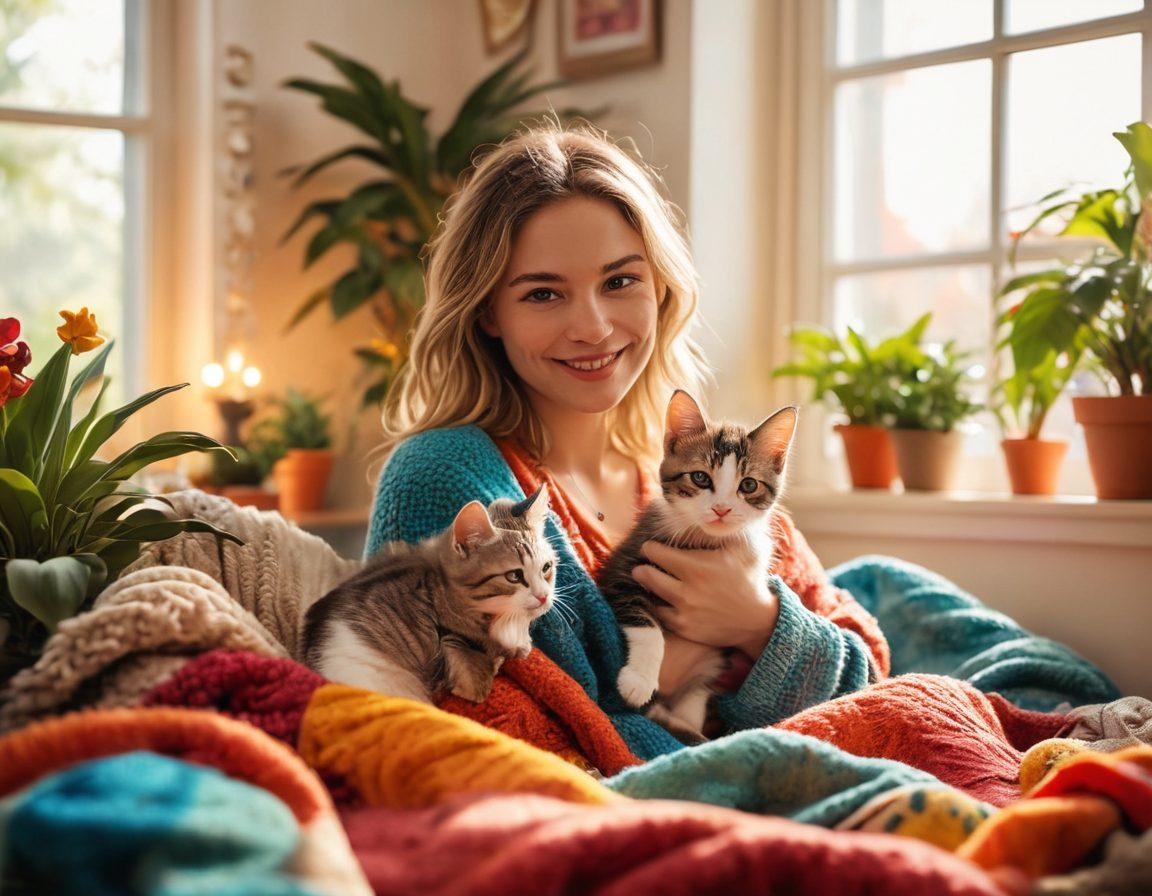 An adorable kitten being cuddled by a smiling young person, surrounded by toys, cat trees, and cozy blankets in a warm living room. The background features a vibrant, colorful environment with leafy indoor plants and sunlight streaming through a window, capturing the essence of love and playfulness. super-realistic. vibrant colors. warm lighting.