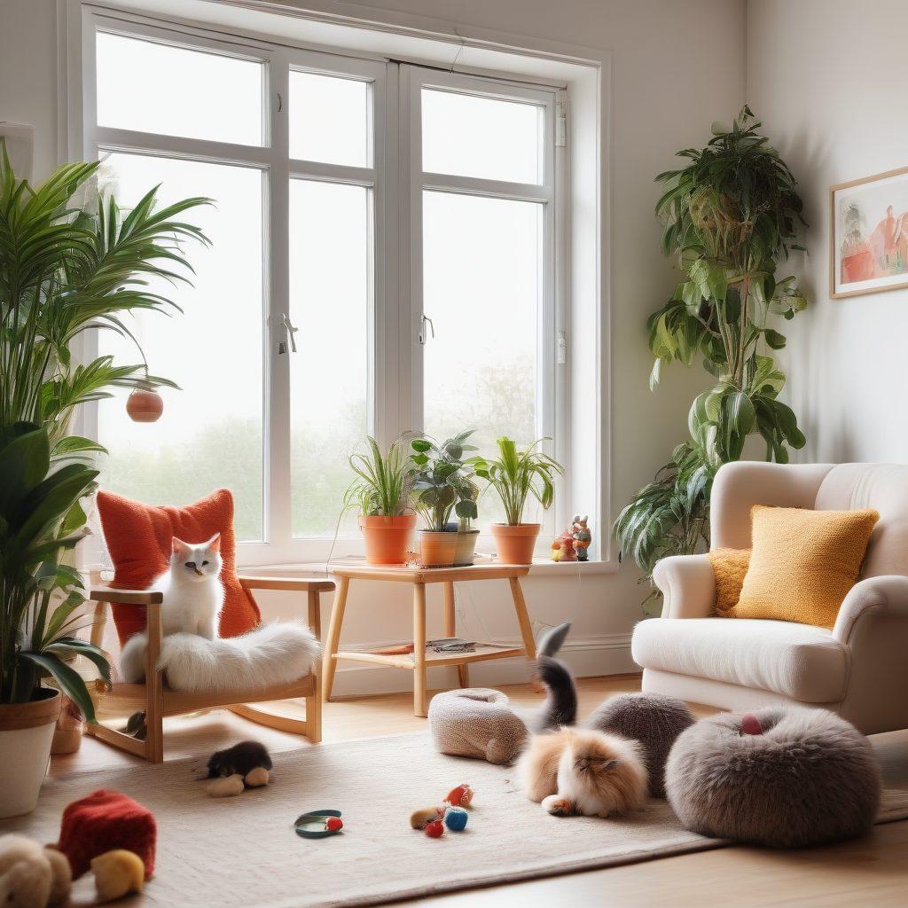 A cozy living room scene with a playful, fluffy kitten in the center, surrounded by various toys and climbing structures. The kitten is engaging with a toy mouse while a gentle, warm light filters through the windows. Add a few houseplants and a comfortable armchair in the background. super-realistic. vibrant colors. white background.