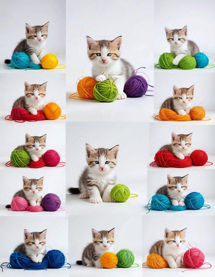 A playful kitten transitioning through various growth stages: a tiny newborn with closed eyes, a curious crawling kitten, and a playful young cat enjoying a yarn ball. Each stage is depicted in a different section resembling a timeline, surrounded by colorful toys and cozy beds. super-realistic. vibrant colors. white background.